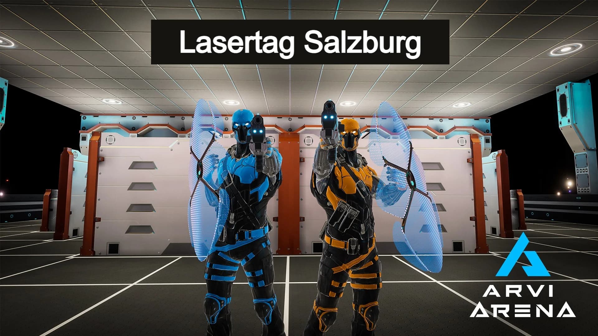 Gepanzerte Figuren in einer futuristischen Lasertag-Arena