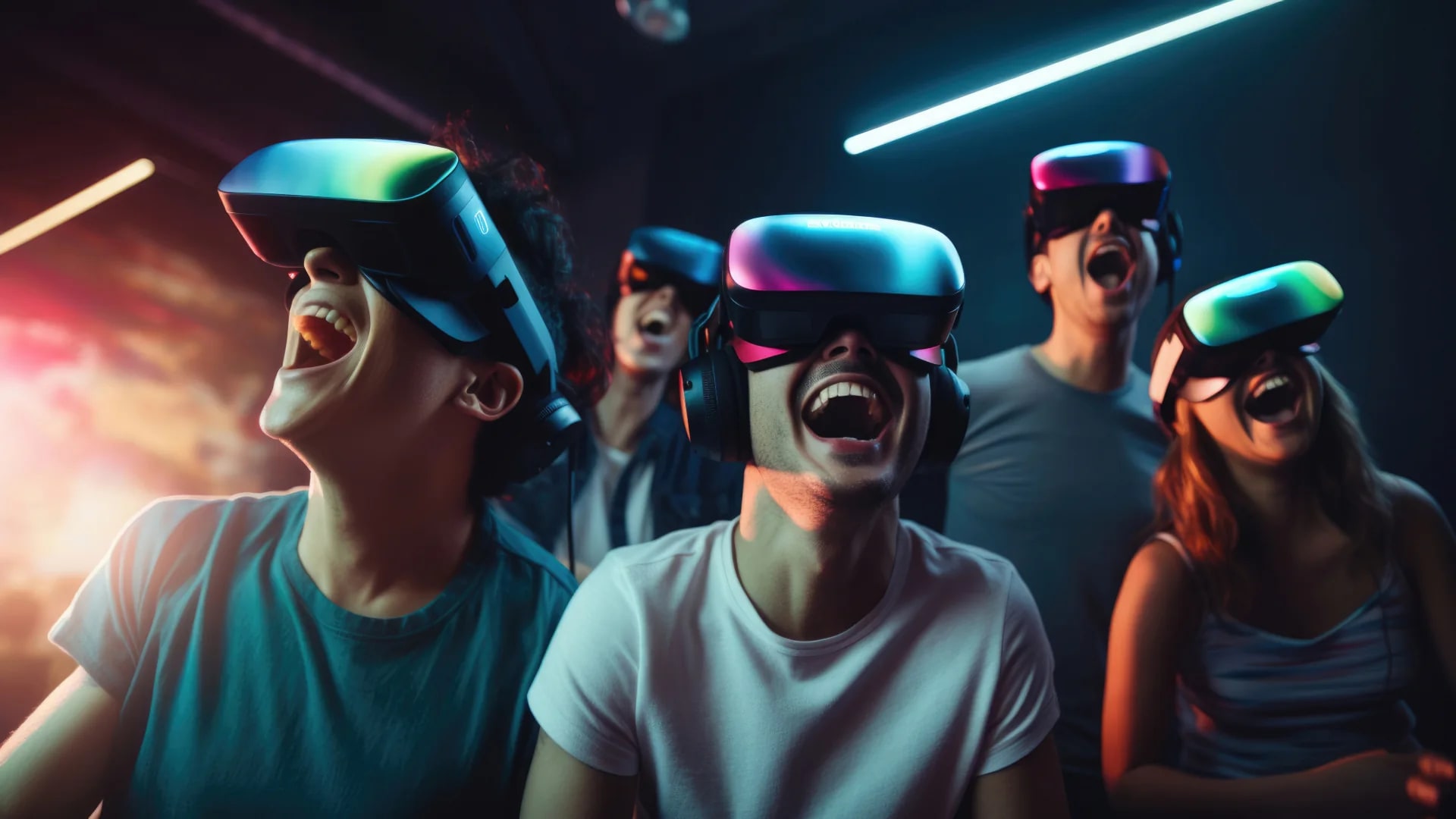 Gruppe mit VR-Brillen lacht während eines Spiels