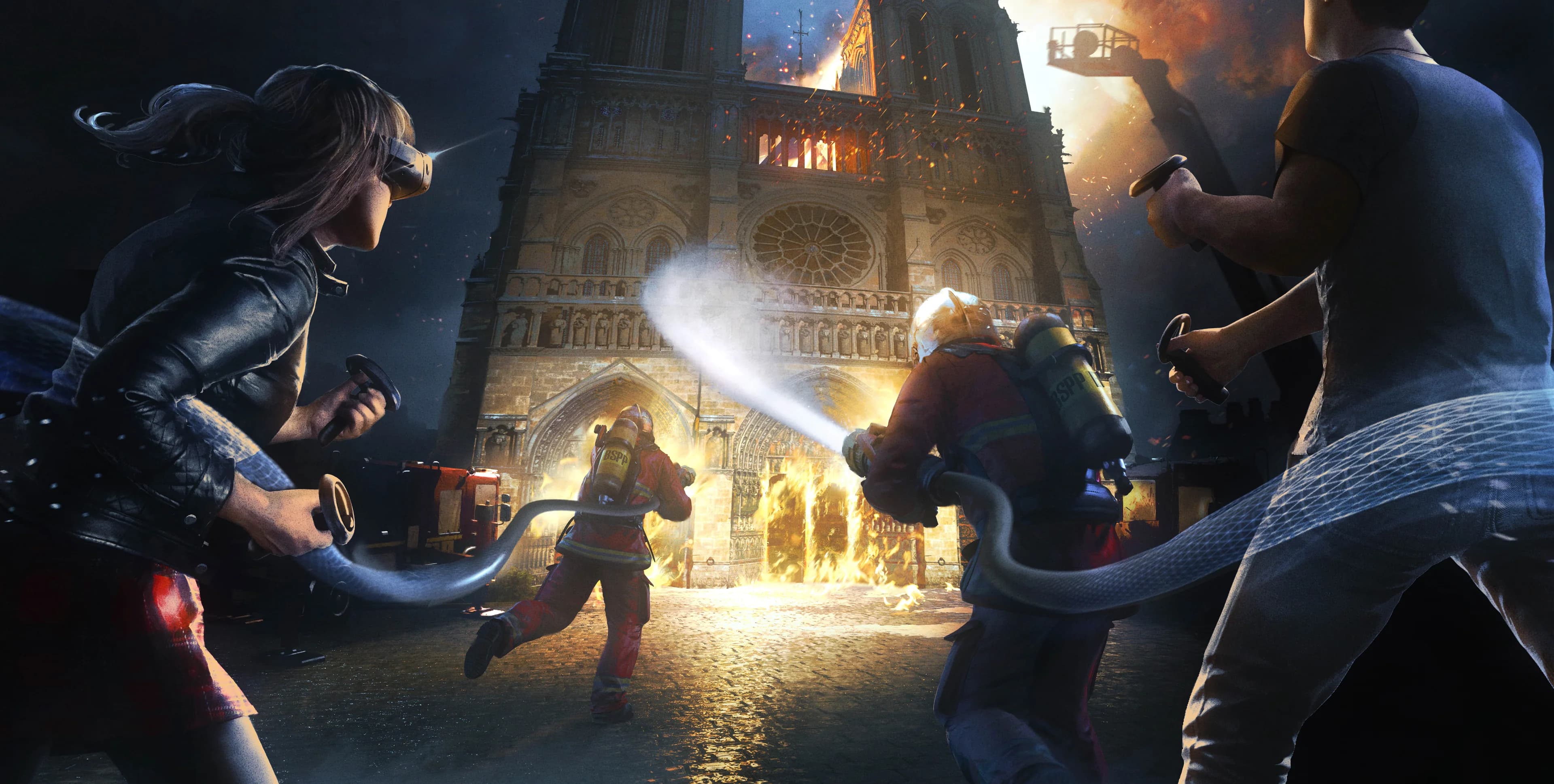 Feuerwehrleute löschen Notre Dame im VR-Film Save Notre Dame